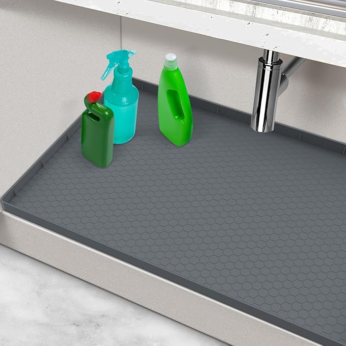 Under Sink Mat 28" x 22", Silicone Under Kitchen Sink Mat, Waterproof Under Sink Protector Mat, Shelf Liners Cabinet Liner for Kitchen and Bathroom, Gray