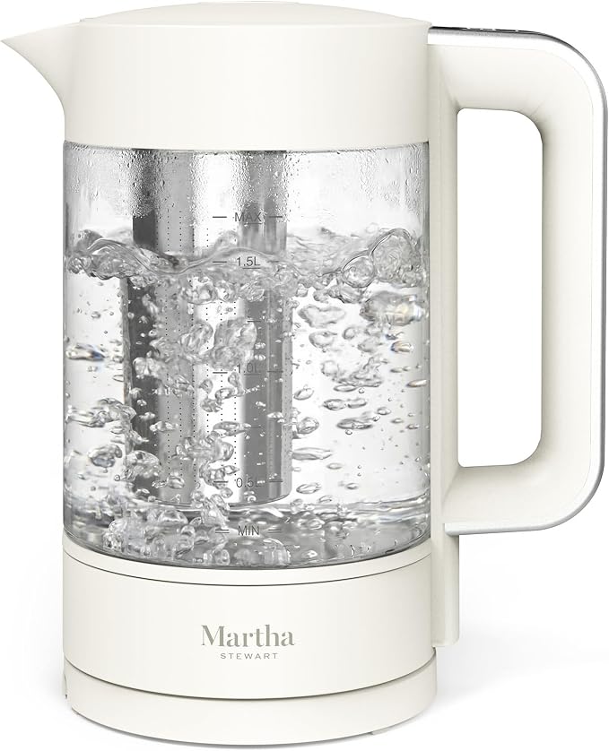 Martha Stewart Electric Kettle with Removable Stainless Steel Tea Infuser, Glass Carafe 1.7L (7 Cups), Hot Water Boiler, 4 Presets, Keep Warm & Auto Shut-Off, Cordless 360° Swivel Base, Linen Cream