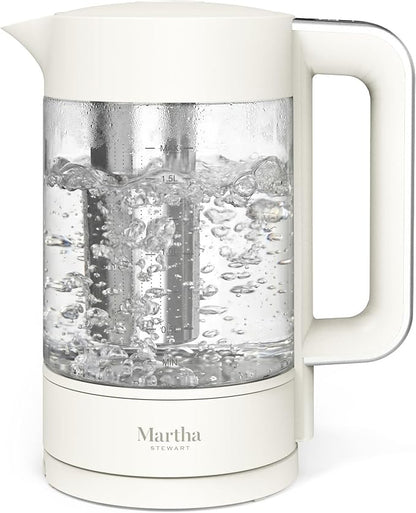Martha Stewart Electric Kettle with Removable Stainless Steel Tea Infuser, Glass Carafe 1.7L (7 Cups), Hot Water Boiler, 4 Presets, Keep Warm & Auto Shut-Off, Cordless 360° Swivel Base, Linen Cream