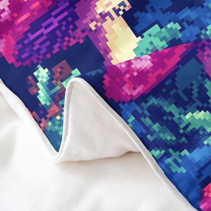 Castle Fairy Trippy Mushroom 100% Natural Cotton Duvet Cover Queen Pixelated Video Games Comforter Cover Nature Wild Plants Bedding Set 3 Pcs Bed Cover,Comforter Not Included
