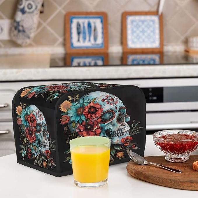 Cool Color Skull Toaster Cover 4 Slice Wide Slot Washable Kitchen Appliance Covers Fingerprint Bread Machine Dust Cover Small Toaster Oven Accessories Covers Bread Maker Bag Women Gift