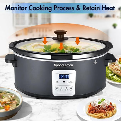 7QT Electric Slow Cooker with Digital Timer, 20H Programmable & 3 Heat Settings, Oval Ceramic Pot, Large Capacity for Family Dinner, Meal Prep, Compatible with 30 pcs 13"x21" Cooking Liners