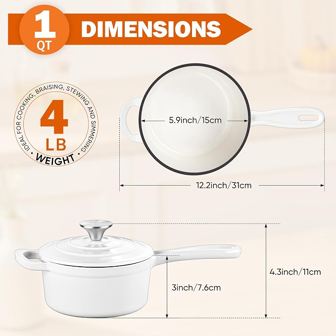 Homikit Small Cast Iron Pot, 1 Quart Enameled Cast Iron Sauce Pan with Lid, Heavy Duty Enamel Dutch Oven Kitchen Cookware for Making Pasta, Boiling Soup, Warming Milk, Nonstick & Oven Safe, White