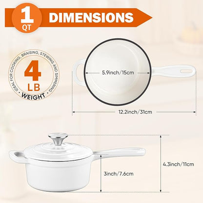 Homikit Small Cast Iron Pot, 1 Quart Enameled Cast Iron Sauce Pan with Lid, Heavy Duty Enamel Dutch Oven Kitchen Cookware for Making Pasta, Boiling Soup, Warming Milk, Nonstick & Oven Safe, White