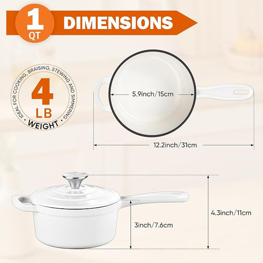 Homikit Small Cast Iron Pot, 1 Quart Enameled Cast Iron Sauce Pan with Lid, Heavy Duty Enamel Dutch Oven Kitchen Cookware for Making Pasta, Boiling Soup, Warming Milk, Nonstick & Oven Safe, White