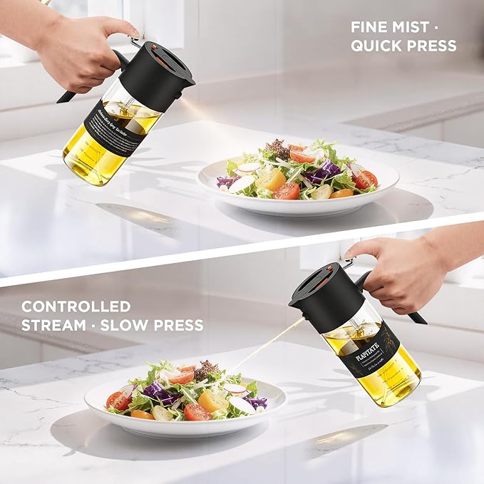 PLAPITATE 17oz/500ml Premium Olive Oil Sprayer for Cooking, 2 in 1 Glass Olive Oil Dispenser Bottle for Kitchen Gadgets, Spray Bottle with Portion Control for Salad, Frying, BBQ (Black)