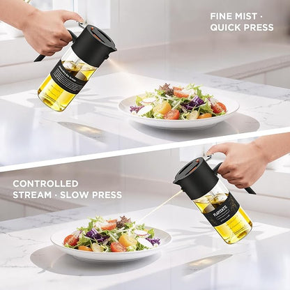 PLAPITATE 2Pcs 17oz Premium Olive Oil Sprayer for Cooking, 2 in 1 Glass Olive Oil Dispenser Bottle for Kitchen Gadgets, Spray Bottle with Portion Control for Salad, Frying, BBQ (Black & Gray)