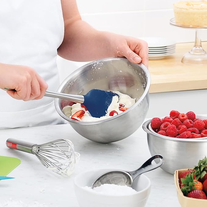Tovolo Silicone Cooking Utensil Set of 6 Stainless Steel Handle Ladle Slotted Turner Tongs Flex Core Spatula Scraper Mixing Spoon & Potato Masher, Dishwasher Safe BPA Free Utensils, Deep Indigo