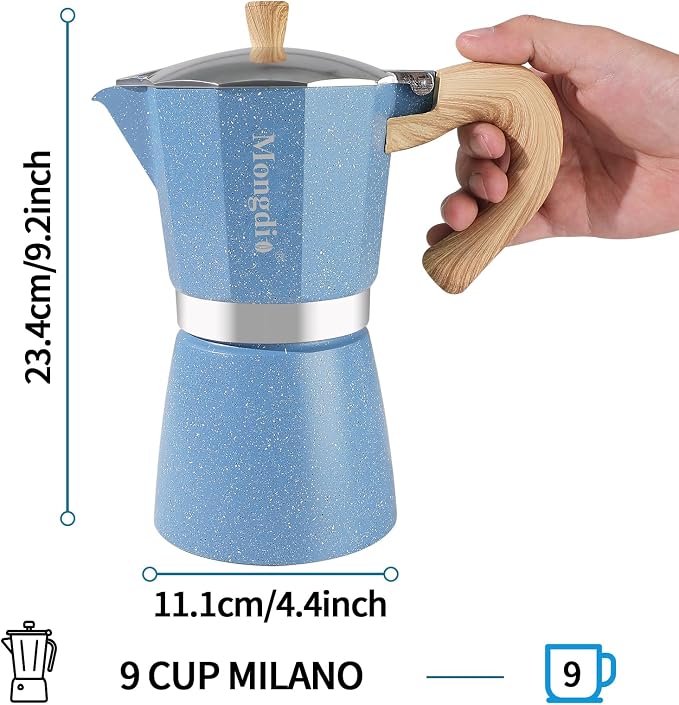 Mongdio Stovetop Espresso Maker Moka Pot, Cuban Coffee Maker Stove top coffee maker Moka Italian Espresso Greca Coffee Maker Brewer Percolator, 9 Espresso Cups, 15 oz - Blue