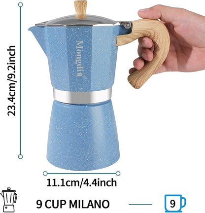 Mongdio Stovetop Espresso Maker Moka Pot, Cuban Coffee Maker Stove top coffee maker Moka Italian Espresso Greca Coffee Maker Brewer Percolator, 9 Espresso Cups, 15 oz - Blue