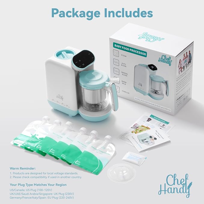 Chefhandy Baby Food Maker with Stainless Steel Steam Basket, One-Step Baby Food Processor Steamer Blender Puree Maker, Auto Steam & Blend for Homemade Baby Food, Includes 6 Reusable Food Pouches