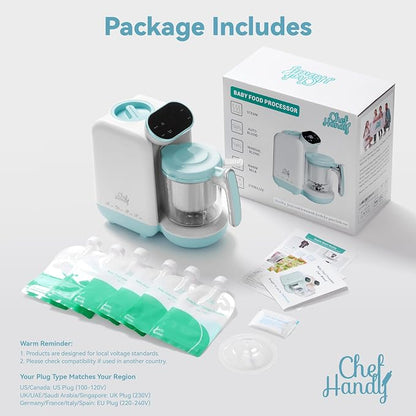 Chefhandy Baby Food Maker with Stainless Steel Steam Basket, One-Step Baby Food Processor Steamer Blender Puree Maker, Auto Steam & Blend for Homemade Baby Food, Includes 6 Reusable Food Pouches