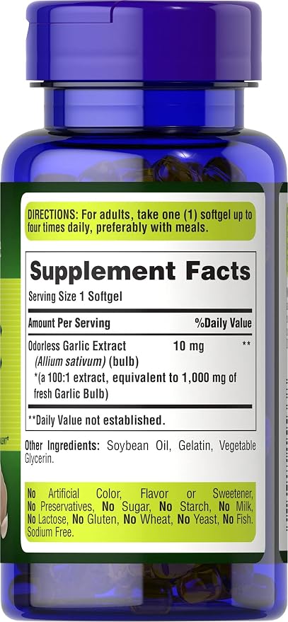 Puritan's Pride Premium Odorless Garlic Fresh 10 mg, Herb Dietary Supplement for Heart Health and Circulation Support with Antioxidant Properties, 250 Rapid Release Softgels
