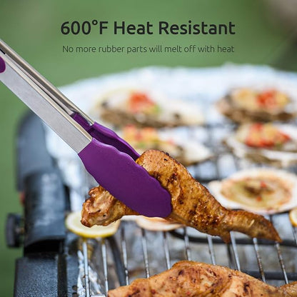 Kitchen Tongs, U-Taste 7/9/12 inches Cooking Tongs, with 600ºF High Heat-Resistant Non-Stick Silicone Tips, 18/8 Stainless Steel Handle, for Food Grill, Salad, BBQ, Frying, Serving, Pack of 3(Purple)