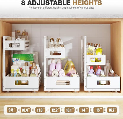 1 Pack Under Sink Organizer,Pull Out Cabinet Organizer With Smooth Cylindrical Rail,Metal Slide Out Drawer for Kitchen Bathroom Laundry Cabinet,8-Level Tool Free Height Adjustable-White