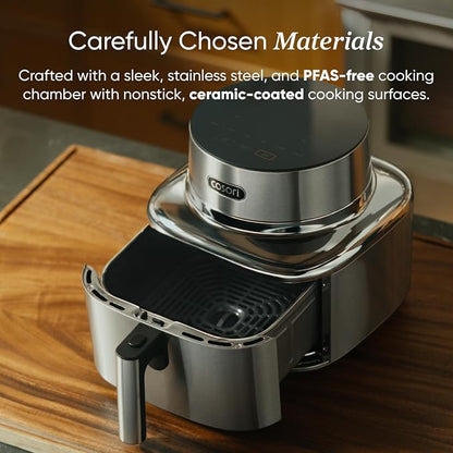 Cosori Iconic Stainless Steel 6.5 Qt Smart Air Fryer, PFAS-Free Ceramic Coating, Max 450°F, Consistent Cooking, Air Fry, Roast, Bake, Dry, Proof, Reheat, Dishwasher-Safe Basket, Chef-Crafted Recipes