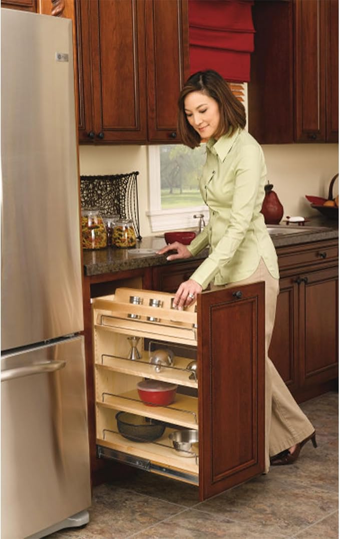 Rev-A-Shelf Maple Pullout Organizer for Full Height Base Cabinets, Full Extension Slides & Adjustable Shelves, Min Opening Width of 11.5",448-BC-11C
