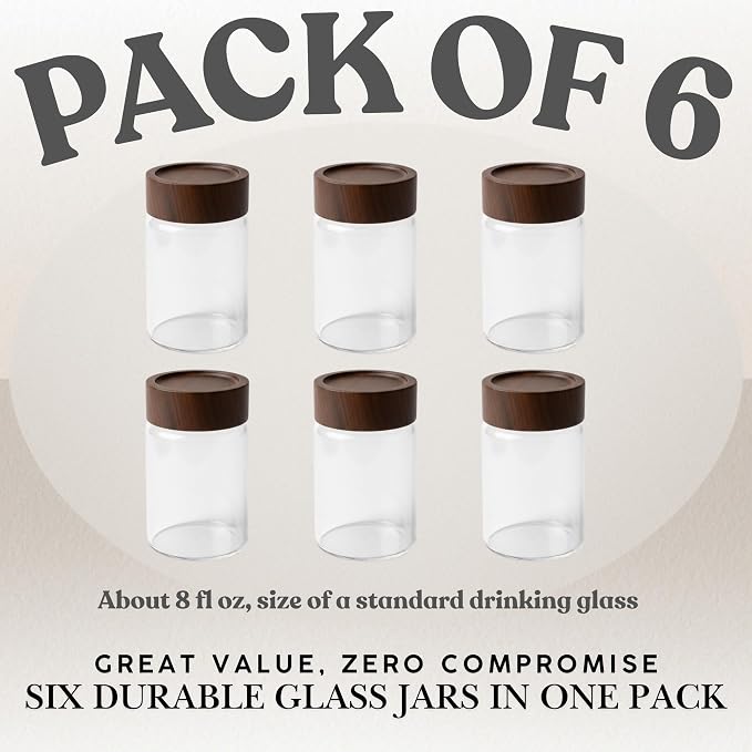 Wide Mouth Glass Storage Jars With 2.5" Acacia Wood Lids - 6 Pack of 8.5 Oz Food Storage Containers - Borosilicate Glass Canisters Sets For Kitchen - Pantry Organizers and Storage for Rice Coffee