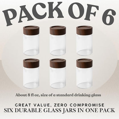 Wide Mouth Glass Storage Jars With 2.5" Acacia Wood Lids - 6 Pack of 8.5 Oz Food Storage Containers - Borosilicate Glass Canisters Sets For Kitchen - Pantry Organizers and Storage for Rice Coffee