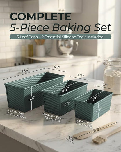 CARTMAN 3-Piece Pullman Loaf Pan with Lid Set – Non-Stick Carbon Steel Bread Pan with Bottom Vents – Includes Large (12"), Medium (8") & Mini (7") Sizes plus Silicone Tools – Sage Green
