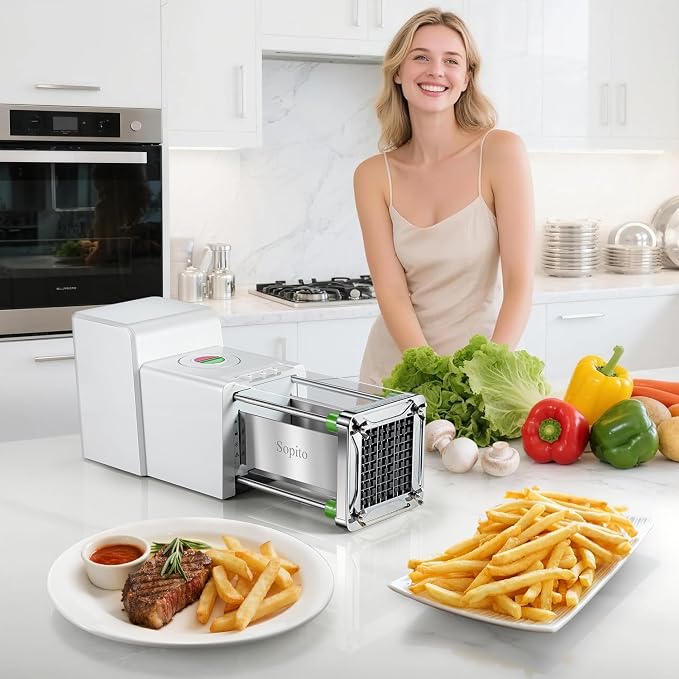 Sopito French Fry Cutter Electric - Stainless Steel Vegetable & Fruit Chopper with 1/2 & 3/8 Inch Blades for Potatoes, Carrots, Cucumbers & Onions