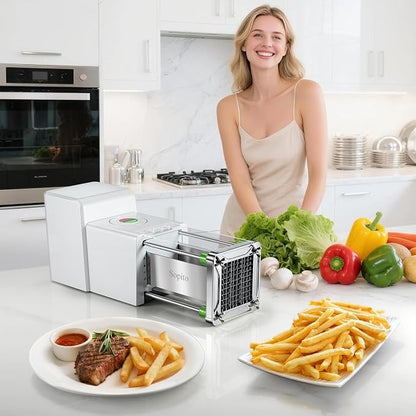 Sopito French Fry Cutter Electric - Stainless Steel Vegetable & Fruit Chopper with 1/2 & 3/8 Inch Blades for Potatoes, Carrots, Cucumbers & Onions