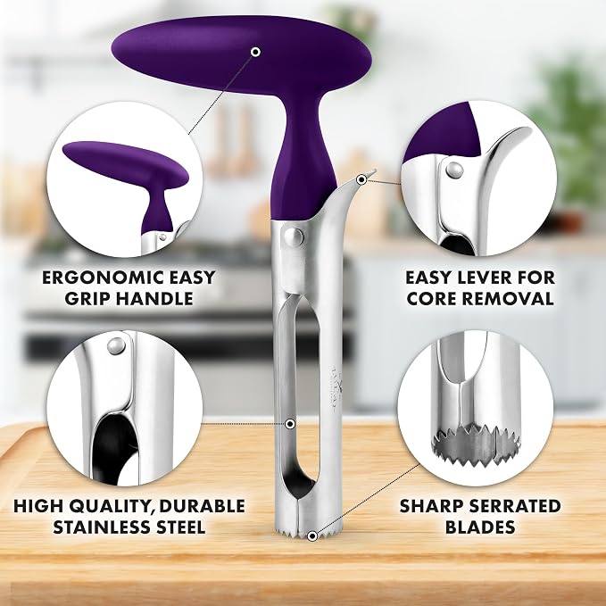 Zulay Kitchen Ultra Sharp Apple Corer Tool - Stainless Steel, Sharp & Serrated Blade Cores in Seconds - Easy to Use & Clean, Durable Apple Core Remover for Apples & Small Fruits - Purple