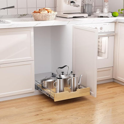Sikarou Pull Out Cabinet Organizer,Heavy-Duty Slide Out Shelf, Wood And Wire Basket, Pull Out Drawer for for Kitchen Under Sink Space, Pantry, Bathroom (11 * 21 WM)