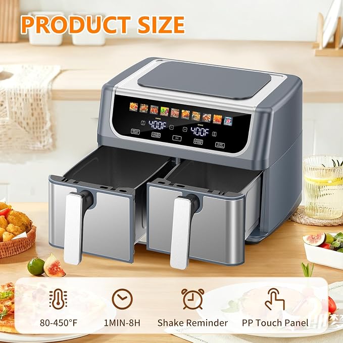 DUMOS Dual Air Fryer with 2 Baskets, 10-in-1 Large Airfryer 9QT with Ceramic Crisper Plate, Sync Finish & Match Cook, Shake Reminder, Wide Temperature 80-450°F, Roast Bake Defrost Dehydrate, Grey