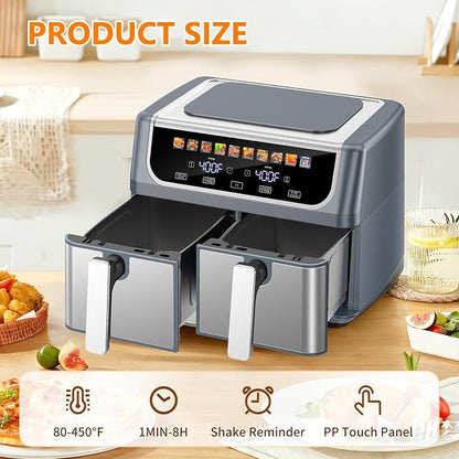 DUMOS Dual Air Fryer with 2 Baskets, 10-in-1 Large Airfryer 9QT with Ceramic Crisper Plate, Sync Finish & Match Cook, Shake Reminder, Wide Temperature 80-450°F, Roast Bake Defrost Dehydrate, Grey