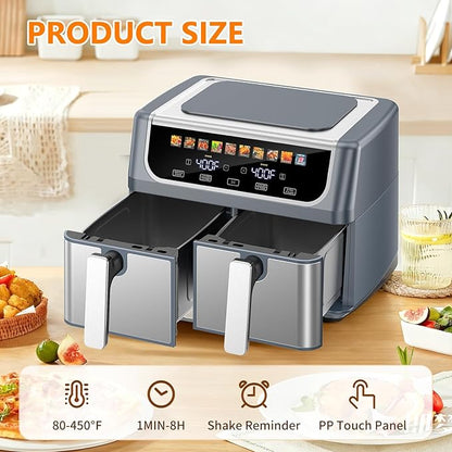 OLIXIS Dual Basket Air Fryer, 9.5 Quart Large Air Fryer with Double Basket, Independent TEMP Control, Sync Setting, Shake Reminder, 10 Presets for Bake, Broil, Defrost, Dehydrate, Grey