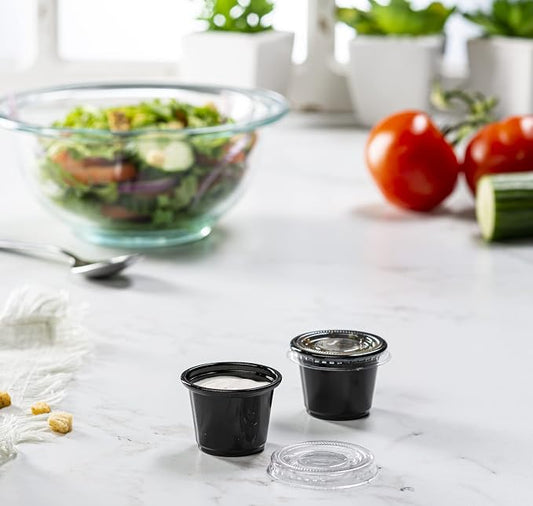 {1 oz - 100 Sets} Black Diposable Plastic Portion Cups With Lids, Small Mini Containers For Portion Controll, Jello Shots, Meal Prep, Sauce Cups, Slime, Condiments, Medicine, Dressings, Crafts, Disposable Souffle Cups & Much more