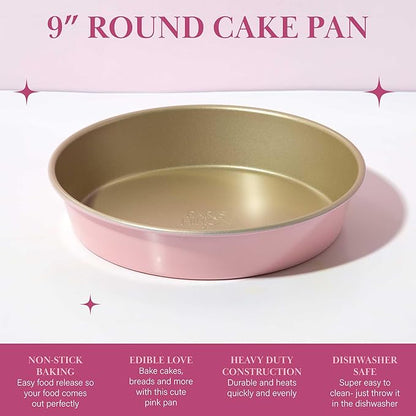 Paris Hilton Nonstick Carbon Steel Bakeware Collection, 9-Inch Round Cake Pan, Dishwasher Safe, Made without PFOA and PFAS, Pink Champagne Two-Tone