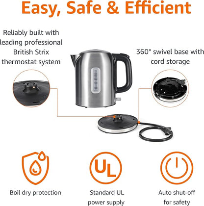 Amazon Basics Electric Kettle, Tea Kettle & Water Boiler with Auto Shut-Off, Boil Dry Protection, Strix Thermostat, BPA-Free, 1500W, 1.1Qt (1L), Stainless Steel, New Model, Black & Silver
