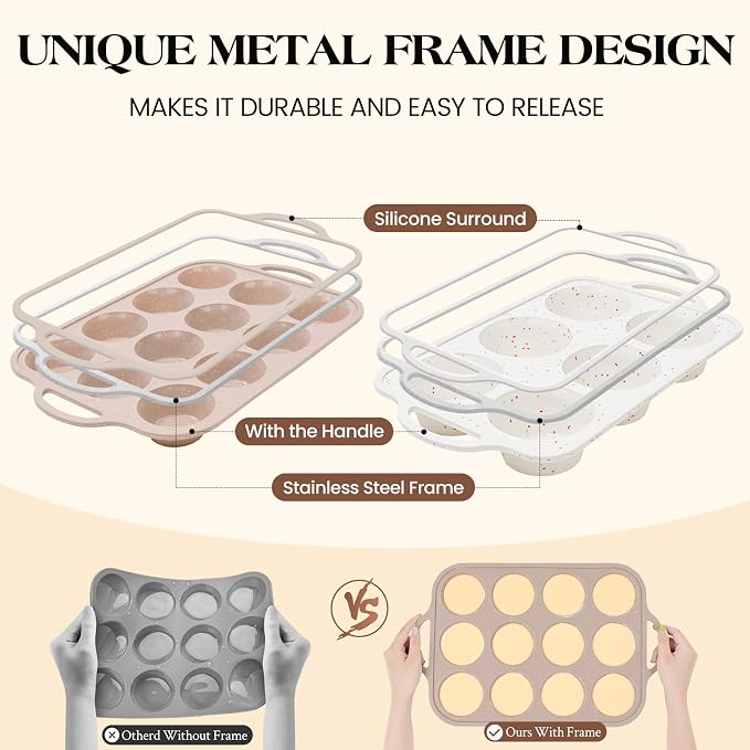 Vinino 2Packs Silicone Muffin Pans for Baking with Metal Reinforced Frame, 12 Cups Regular and 6 Cups Jumbo Nonstick Cupcake Pan, BPA Free Oven Dishwasher Safe Baking Mold for Muffins Cupcakes
