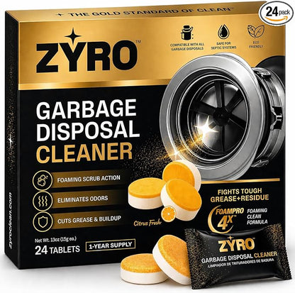 Garbage Disposal Cleaner and Deodorizer | 24 Pack | Kitchen Sink Cleaner Tablets | Eliminates Odor | Fights Grease & Buildup | Foaming Scrub Action | Citrus Fresh | 1 Year Supply | Zyro