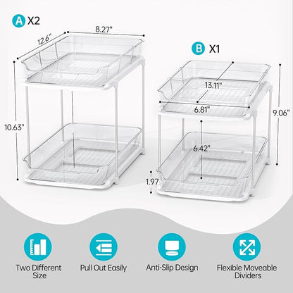 Delamu 3 Pack 2-Tier Bathroom Under Sink Organizers and Storage, Multi-Purpose Stackable Pantry Organization and Storage, Pull Out Clear Kitchen Bathroom Cabinet Organizer with Movable Dividers, White