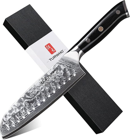 TURWHO Professional Santoku Knife 7 inch - Classic Damascus pattern Japanese VG-10 Steel Chef Knife