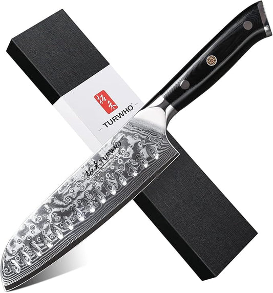 TURWHO Professional Santoku Knife 7 inch - Classic Damascus pattern Japanese VG-10 Steel Chef Knife