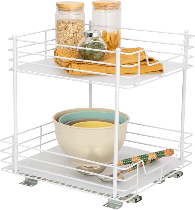 Household Essentials White Steel Two-Tier Pantry Organizer with Clean Lined Plastic Accents