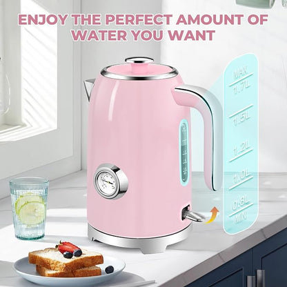 SUSTEAS Electric Kettle - 57oz Hot Tea Water Boiler with Thermometer, 1500W Fast Heating Stainless Steel Pot, Cordless LED Indicator, Auto Shut-Off & Boil Dry Protection, Pink