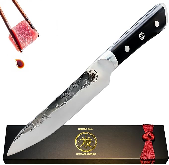 6” Professional Utility Knife – Hand Forged Kitchen Knife with Dark Wood Handle, Razor Sharp, Full Tang, Balanced – from British Fusion Atelier KOKORO – A Thoughtful Gift for Cooks and Foodies