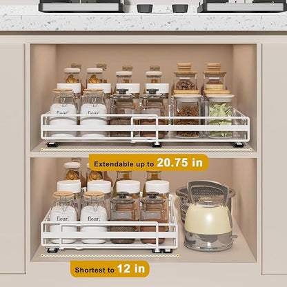REALINN 2 Pack Pull Out Cabinet Organizer, Expandable(12"-20") Slide Out Drawers 3 Slide Rails Fix with Adhesive or Screw, Roll Out Shelves for Kitchen Cabinet Organization, White