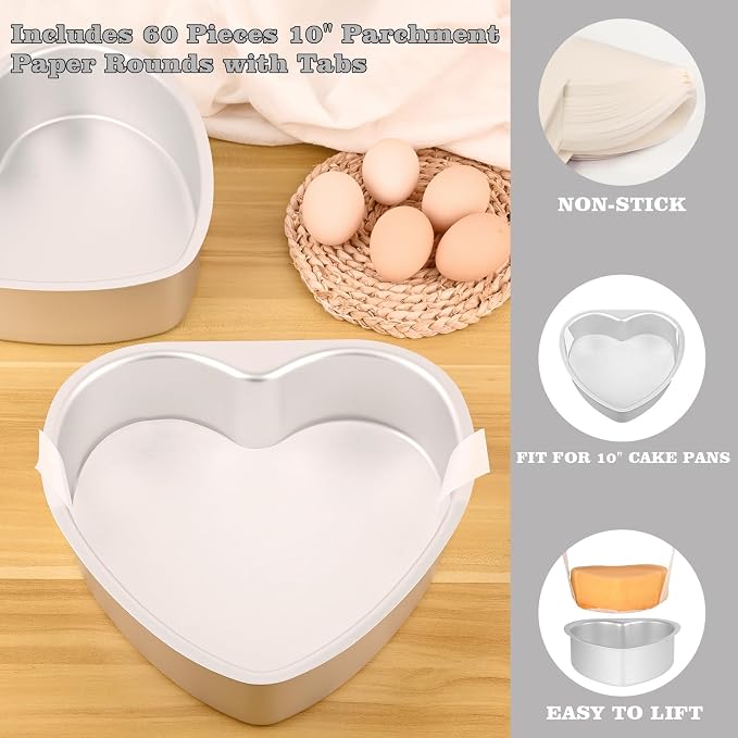 HUAKENER 9.5 Inch Heart Cake Pan, Set of 2 Heart Shaped Cake Pans with 60 Pieces Parchment Paper, Non-stick Cake Baking Pans for Kitchen Birthday Wedding