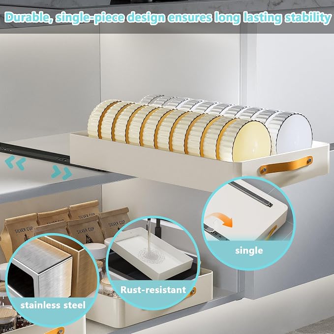 Pull Out Cabinet Organizer,Heavy Duty Slide Out Drawers for Cabinets with Adhesive Nano Film,Stainless Steel,19.6" D x 12.2 "W x 3.94 "H for Kitchen,Pantry and Bathroom,1Pack
