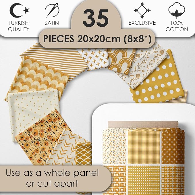 Cotton Satin Patchwork Fabric Panel – 35 Designs, 20×20 cm Squares, Single Piece 150×110 cm, Yellow Patchwork Quilt Fabric (Golden Harvest Patchwork Set, 35pcs 8x8 inch)