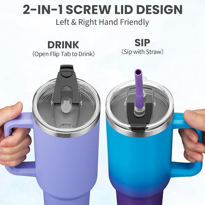 BENZZO 40 oz Tumbler with Handle Straw and 2-in-1 Lid Made of Metal Travel Mug for Easy Grip & Spill Proof, Pop-off Prevention Insulated Cup Gifts for Women, Car Cupholder Friendly，BPA Free