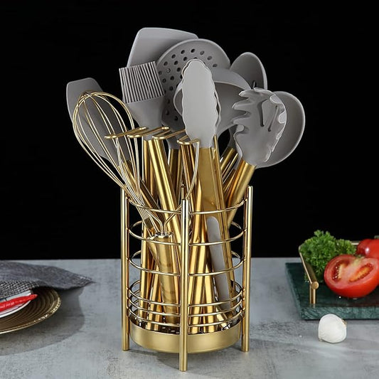Gold Kitchen Utensils Set, Berglander 38 Pieces Non-stick Silicone Cooking Tools Spoon Spatula Set With Sturdy Stainless Steel Utensil Holder, Dishwasher Safe
