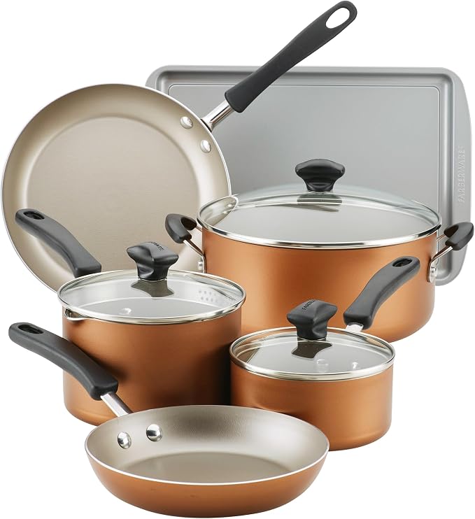 Farberware Cookstart Aluminum DiamondMax Nonstick Cookware Set, Kitchen Essentials, 15-Piece, Copper