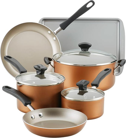 Farberware Cookstart Aluminum DiamondMax Nonstick Cookware Set, Kitchen Essentials, 15-Piece, Copper